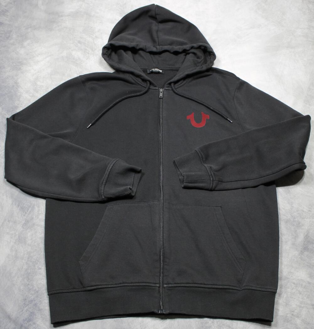 True Religion Hoodie Mens XL Black Full Zip Fleece Sweatshirt Buddha Graphic
